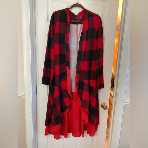 Red & black Buffalo check long sleeve, hi-low cardigan, 2XL, never worn - Picture 1 of 6